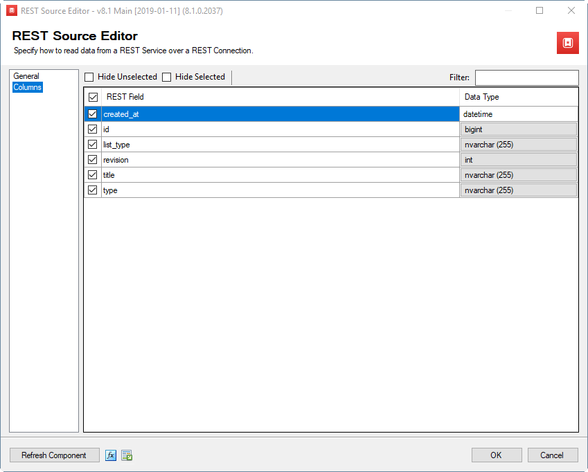 SSIS Wunderlist REST Source - Columns